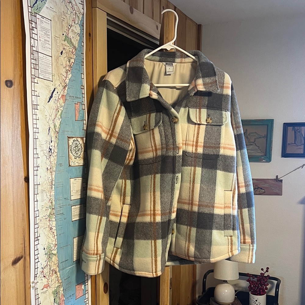 Duluth Trading Co Plaid Jacket with Gray, Cream, and Tan